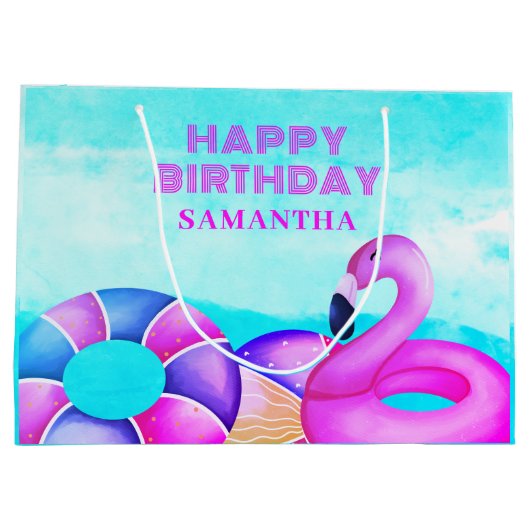 Roze Flamingo Verjaardag Zwembad Party Naam Groot Cadeauzakje (Achterkant)
