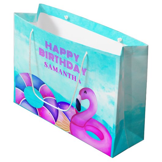 Roze Flamingo Verjaardag Zwembad Party Naam Groot Cadeauzakje (Voorkant Gekanteld)