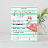 Roze Flamingo Verjaardagsfeestje met Mint Stripes  Kaart (Staand voorkant)