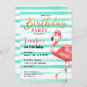 Roze Flamingo Verjaardagsfeestje met Mint Stripes  Kaart (Voorkant / Achterkant)
