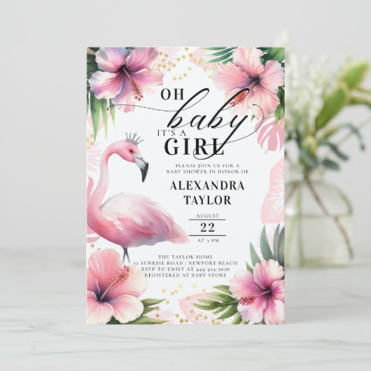 Roze Flamingo Vet Tropisch Roze Meisje Baby shower Kaart (Staand voorkant)