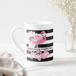 Roze Flamingo Vibes Alleen Zwart & Wit Gestreept Porselein Kop