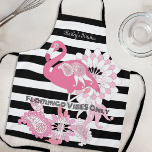 Roze Flamingo Vibes Alleen Zwart & Wit Gestreept Schort