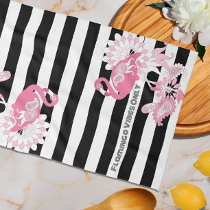 Roze Flamingo Vibes Alleen Zwart & Wit Gestreept Theedoek
