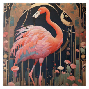 Roze Flamingo Vogel Art Deco Art Nouveau Tegeltje