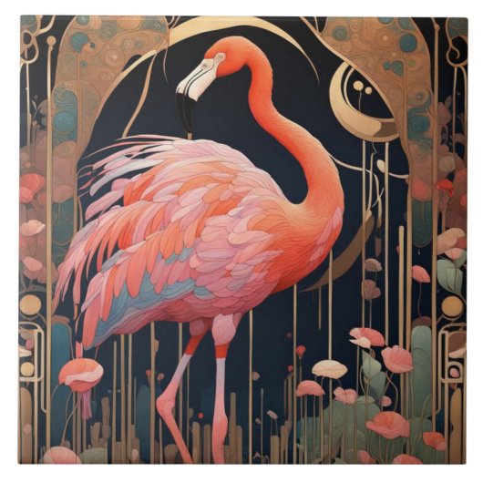 Roze Flamingo Vogel Art Deco Art Nouveau Tegeltje (Voorkant)