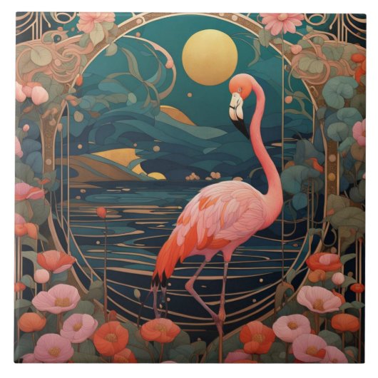 Roze Flamingo Vogel Art Nouveau Art Deco Tegeltje (Voorkant)