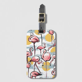 Roze Flamingo vogels en zonsondergang | Tropische Bagagelabel