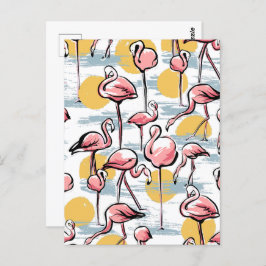 Roze Flamingo vogels en zonsondergang | Tropische Briefkaart
