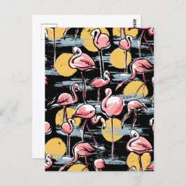 Roze Flamingo vogels en zonsondergang | Tropische Briefkaart