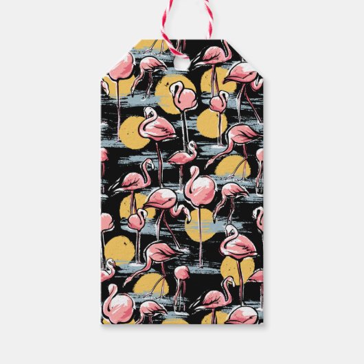 Roze Flamingo vogels en zonsondergang | Tropische  Cadeaulabel (Voorkant)