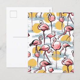 Roze Flamingo vogels en zonsondergang | Tropische Feestdagenkaart