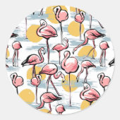 Roze Flamingo vogels en zonsondergang | Tropische Ronde Sticker (Voorkant)