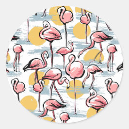 Roze Flamingo vogels en zonsondergang | Tropische Ronde Sticker
