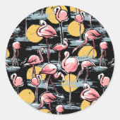 Roze Flamingo vogels en zonsondergang | Tropische Ronde Sticker (Voorkant)