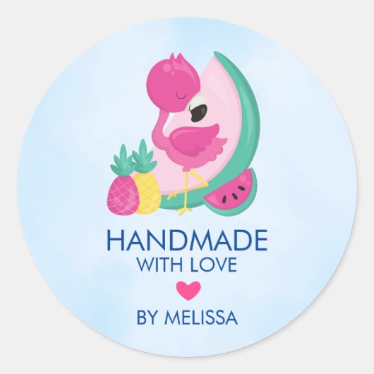 Roze Flamingo & Vruchten Handgemaakt met Liefde Ronde Sticker (Voorkant)