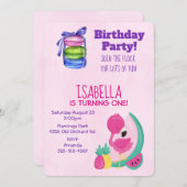 Roze Flamingo w/ Fruits & Macarons Birthday Party Kaart (Voorkant / Achterkant)