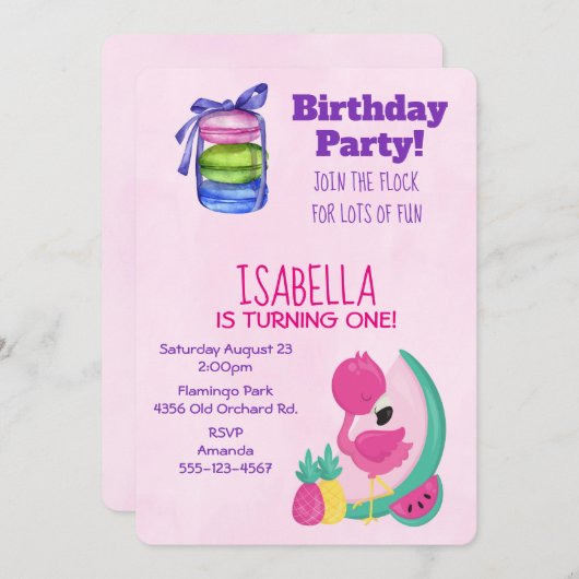 Roze Flamingo w/ Fruits & Macarons Birthday Party Kaart (Voorkant / Achterkant)