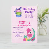 Roze Flamingo w/ Fruits & Macarons Birthday Party Kaart (Staand voorkant)