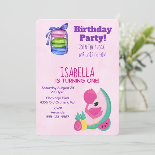 Roze Flamingo w/ Fruits & Macarons Birthday Party Kaart (Staand voorkant)