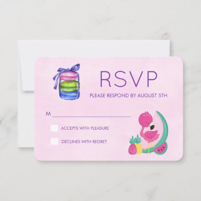 Roze Flamingo w/ Fruits & Macarons RSVP Response (Voorkant)