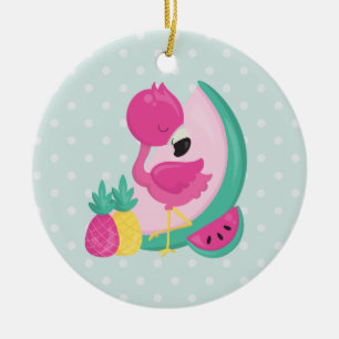 Roze Flamingo w / Tropische vruchten op Polka Dots Keramisch Ornament
