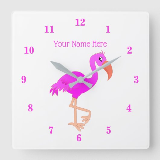 Roze flamingo wandklok met aangepaste tekstnaam (Voorkant)