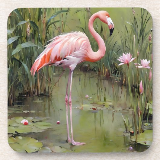 Roze Flamingo-waterlelies en rieten olieverfschild Bier Onderzetter (Voorkant)
