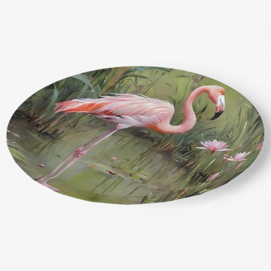 Roze Flamingo-waterlelies en rieten olieverfschild Papieren Bordje (Gekanteld)