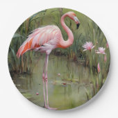 Roze Flamingo-waterlelies en rieten olieverfschild Papieren Bordje (Voorkant)