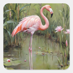 Roze Flamingo-waterlelies en rieten olieverfschild Vierkante Sticker