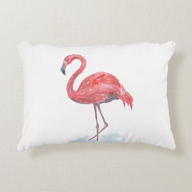 Roze flamingo, waterverf. accent kussen (Voorkant)