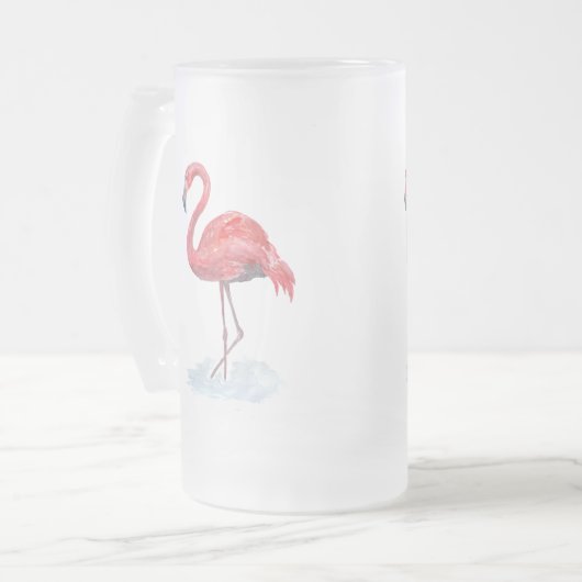 Roze flamingo, waterverf. matglas bierpul (Voorkant links)