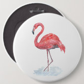 Roze flamingo, waterverf. ronde button 6,0 cm (Voorkant /achterkant)