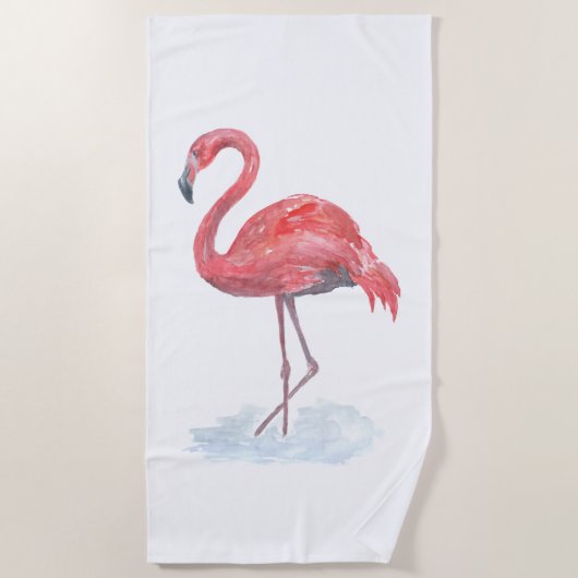 Roze flamingo, waterverf. strandlaken (Voorkant)