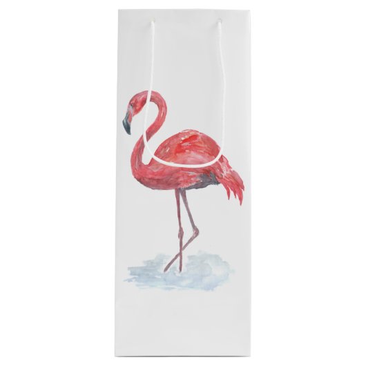 Roze flamingo, waterverf. wijn cadeautas (Voorkant)