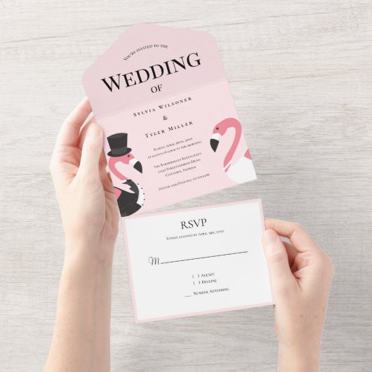 Roze Flamingo Wedding All In One Uitnodiging (Afscheurbaar)