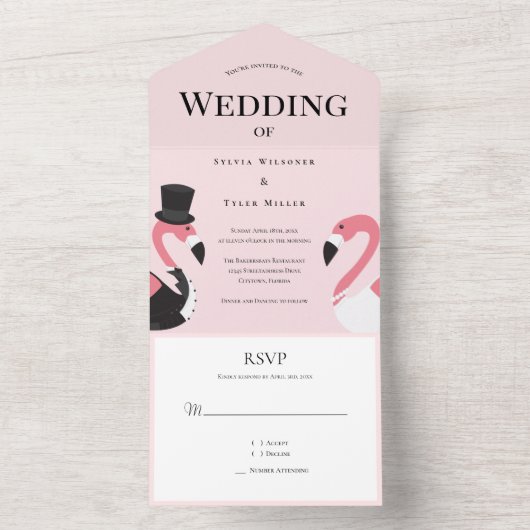 Roze Flamingo Wedding All In One Uitnodiging (Binnen)