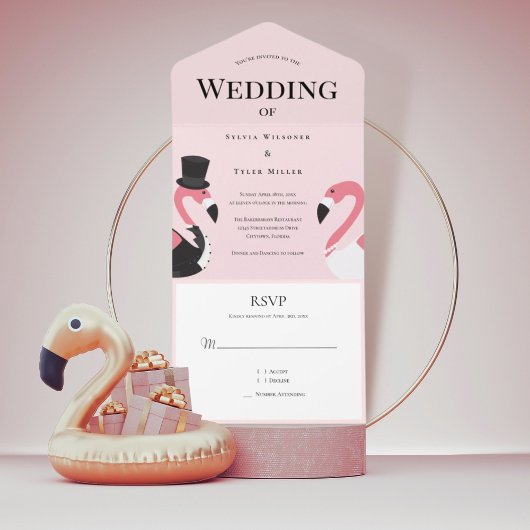 Roze Flamingo Wedding All In One Uitnodiging
