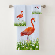 Roze Flamingo & Weide met Bloemen op Lichtblauw 