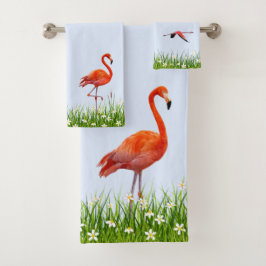 Roze Flamingo & Weide met Bloemen op Lichtblauw  Bad Handdoek