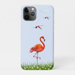 Roze Flamingo & Weide met Bloemen op Lichtblauw Case-Mate iPhone Case