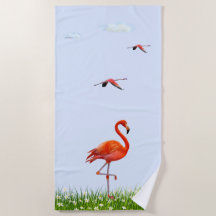 Roze Flamingo & Weide met Bloemen op Lichtblauw 