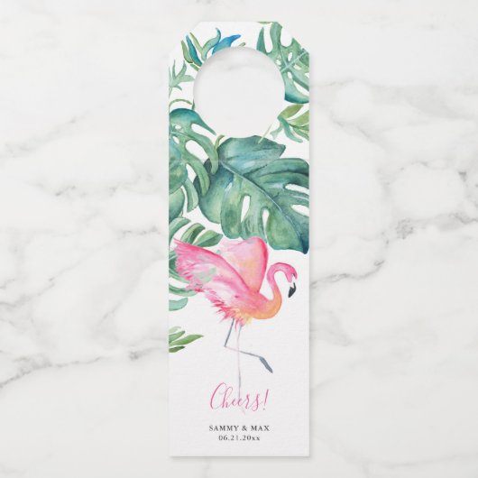 Roze Flamingo Wijn Cadeaublaadjes Flessenhanger (Voorkant)