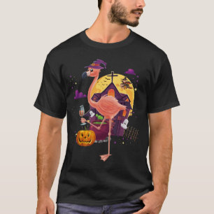 Roze Flamingo Witch Wine Pumpkin Halloween Costuum T-shirt