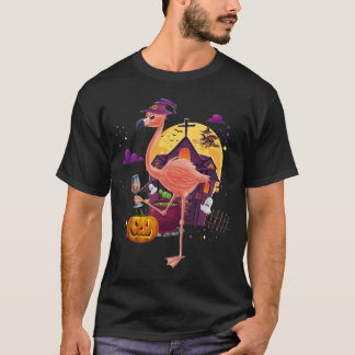 Roze Flamingo Witch Wine Pumpkin Halloween Costuum T-shirt