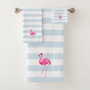 Roze Flamingo Witte & Blauwe Strepen Bad Handdoek