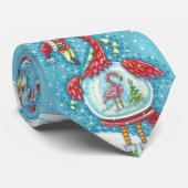 ROZE FLAMINGO, WITTE KERSTSNEEUW WERELDBOL STROPDA STROPDAS (Opgerold)