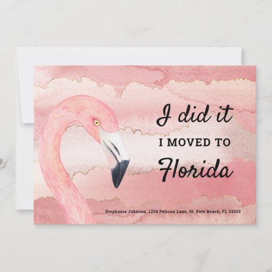 Roze Flamingo wolkenpatroon Ik verhuisde naar Flor Aankondiging (Voorkant)