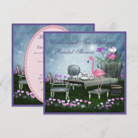 Roze Flamingo Wonderland Tea Party Vrijgezellenfee Kaart (Voorkant / Achterkant)